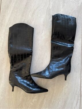 Black Schultz Croc-Embossed Pointed-Knee Boots